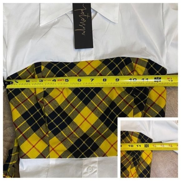 Petersyn Monroe Blouse Plaid Tartan Panel Tie Back Blouse White Yellow S - Picture 8 of 16